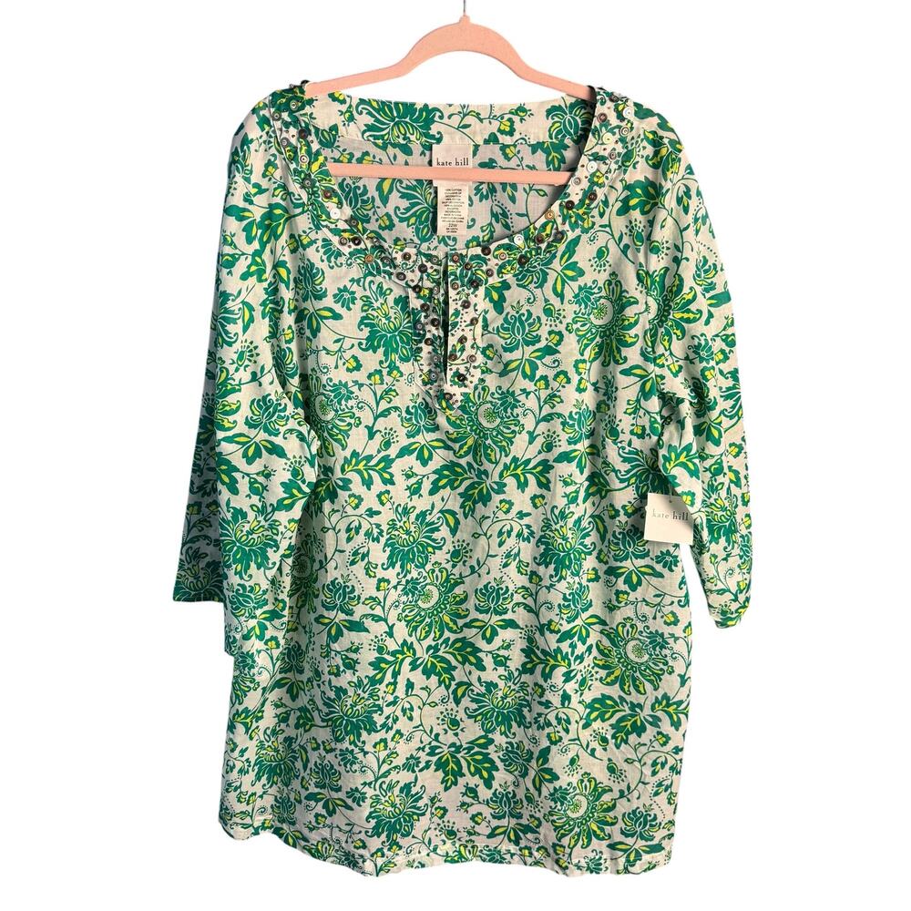 Kate‎ Hill Embellished Floral Blouse 22W Green White Cotton Tunic Top Plus Size
